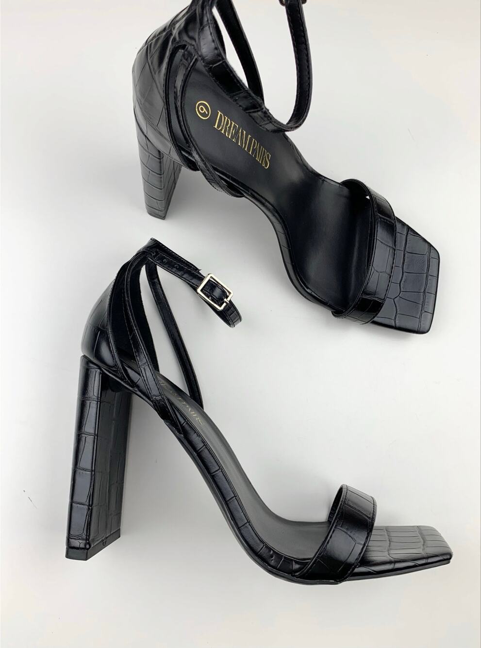 Dream Pairs High Heel Sandals Black Croc Embossed Faux Leather Strappy Women's 9